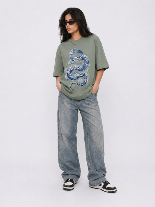 Cool Bee Indigo Viper Tee Green for Women - Green Oversized Graphic Tee Streetwear India - Back View