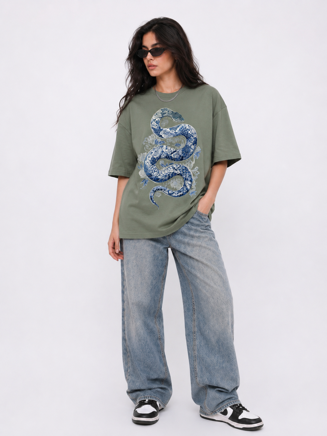 Cool Bee Indigo Viper Tee Green for Women - Green Oversized Graphic Tee Streetwear India - Lifestyle View