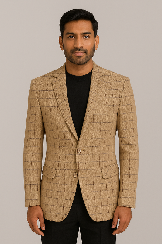 Camel Grid Check Premium Blazer – Classic Tailored Fit