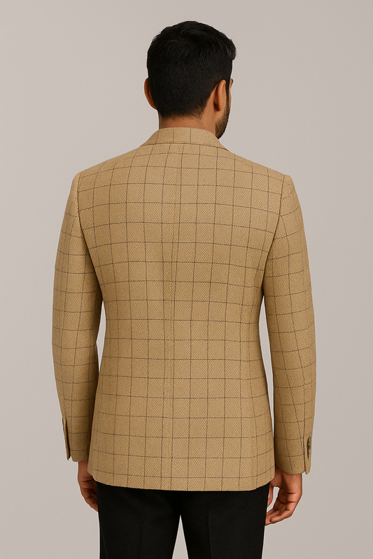 Camel Grid Check Premium Blazer – Classic Tailored Fit