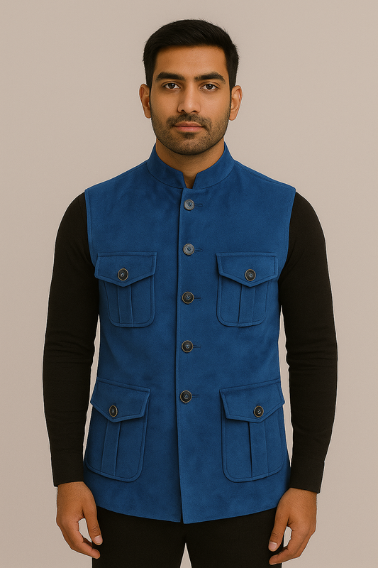 Royal Blue Suede Nehru Jacket with Utility Pockets