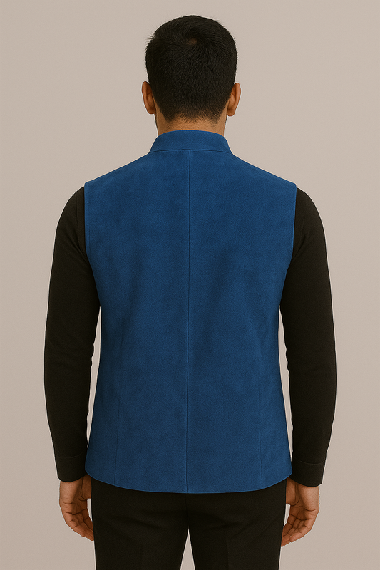 Royal Blue Suede Nehru Jacket with Utility Pockets