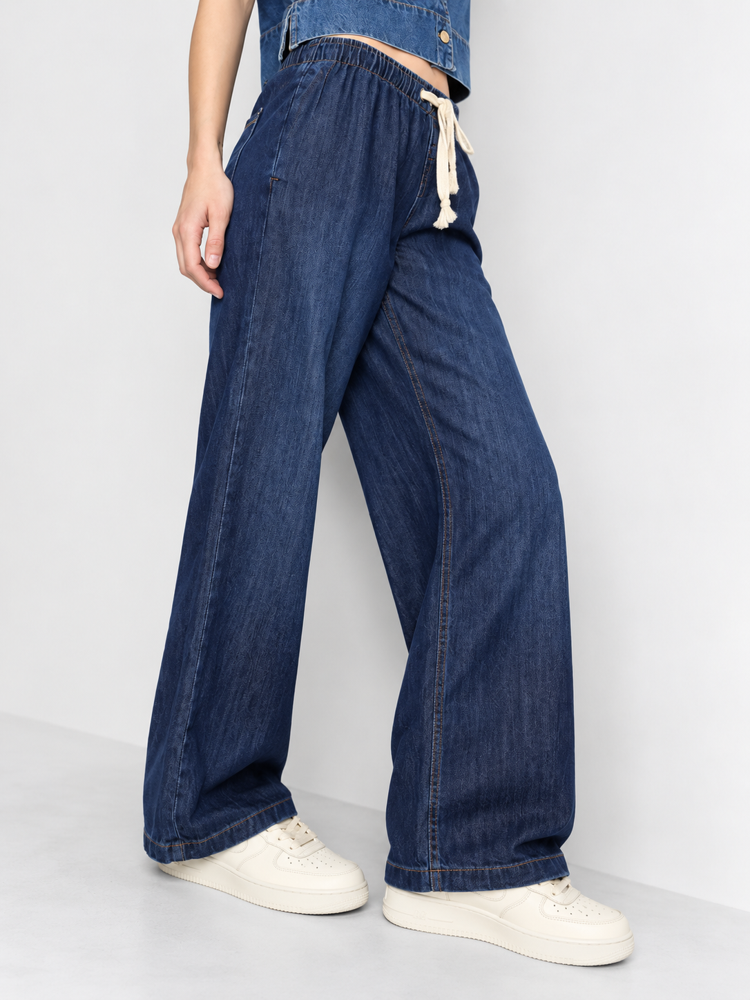 Cool Bee Cotton Denim Wide Leg Joggers in Navy - close-up side view of drawstring waist