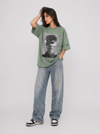 Cool Bee Blurred Vision Tee Green for Women - Oversized Graphic Tee Streetwear India - Detail View