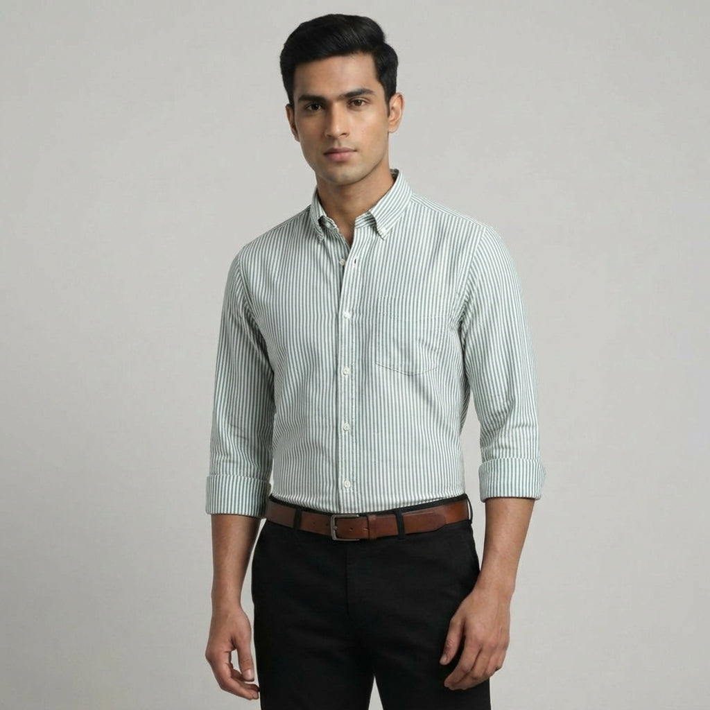 Super Premium Slim Fit Green Striped Oxford Shirt