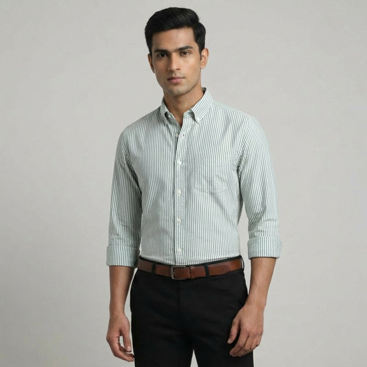 Super Premium Slim Fit Green Striped Oxford Shirt