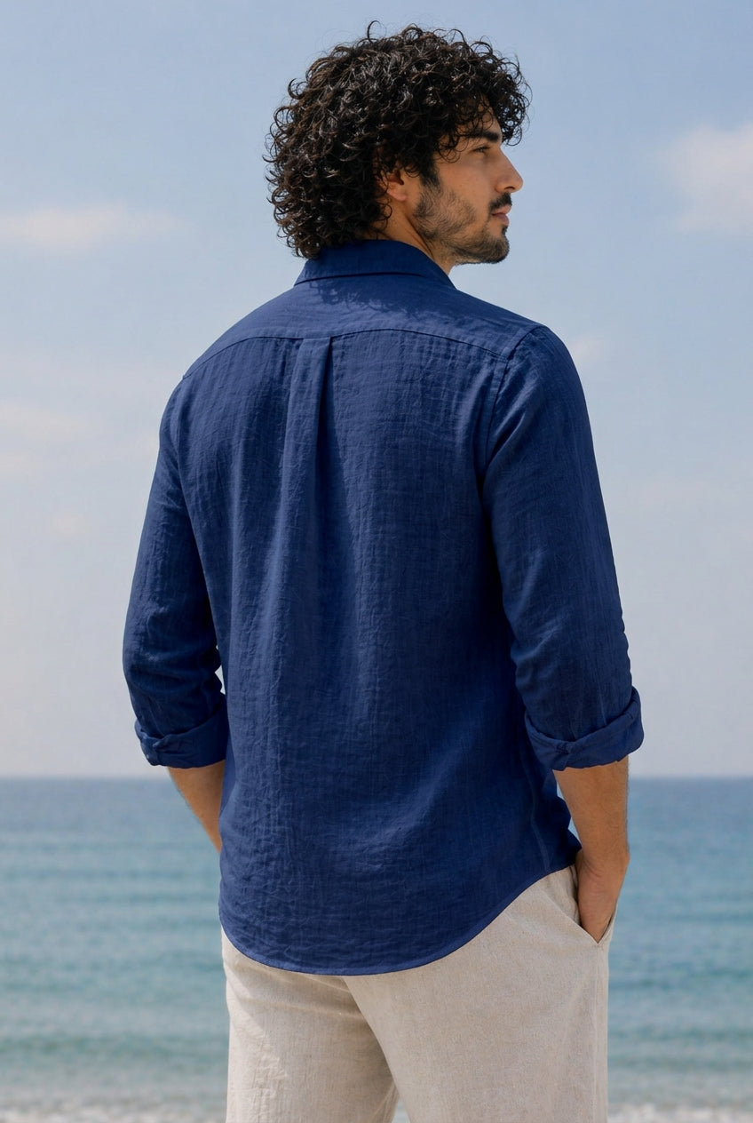 Cool Bee Linen Casual Shirt Blue for Men - Blue Linen Casual Shirt Breathable India - Back View