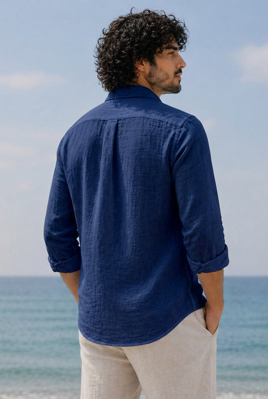 Cool Bee Linen Casual Shirt Blue for Men - Blue Linen Casual Shirt Breathable India - Back View