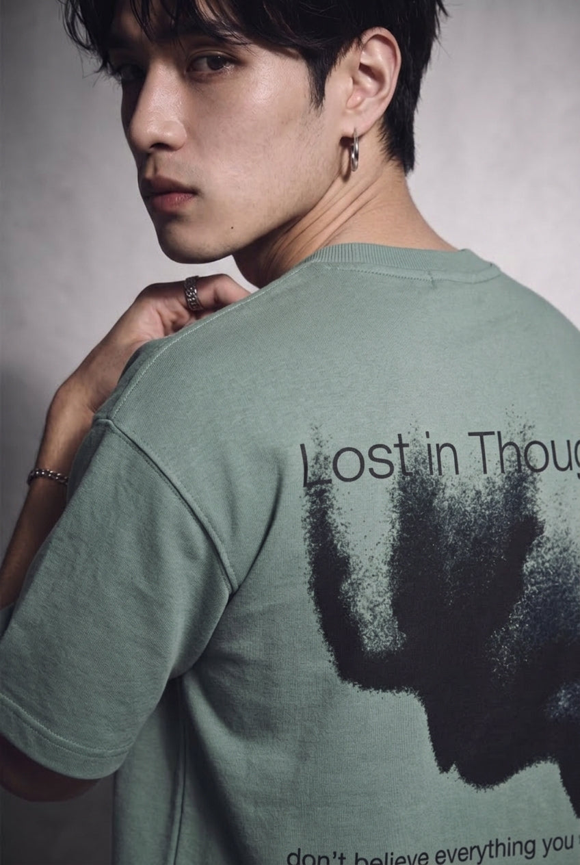 Cool Bee Lost in Thought Tee Green for Men - Green Oversized Graphic Tee Streetwear India - Lifestyle View