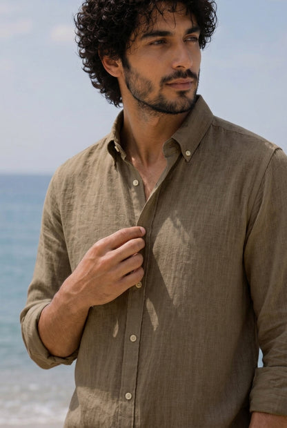 Cool Bee Linen Casual Shirt Dark Beige for Men - Dark Beige Linen Casual Shirt Breathable India - Lifestyle View