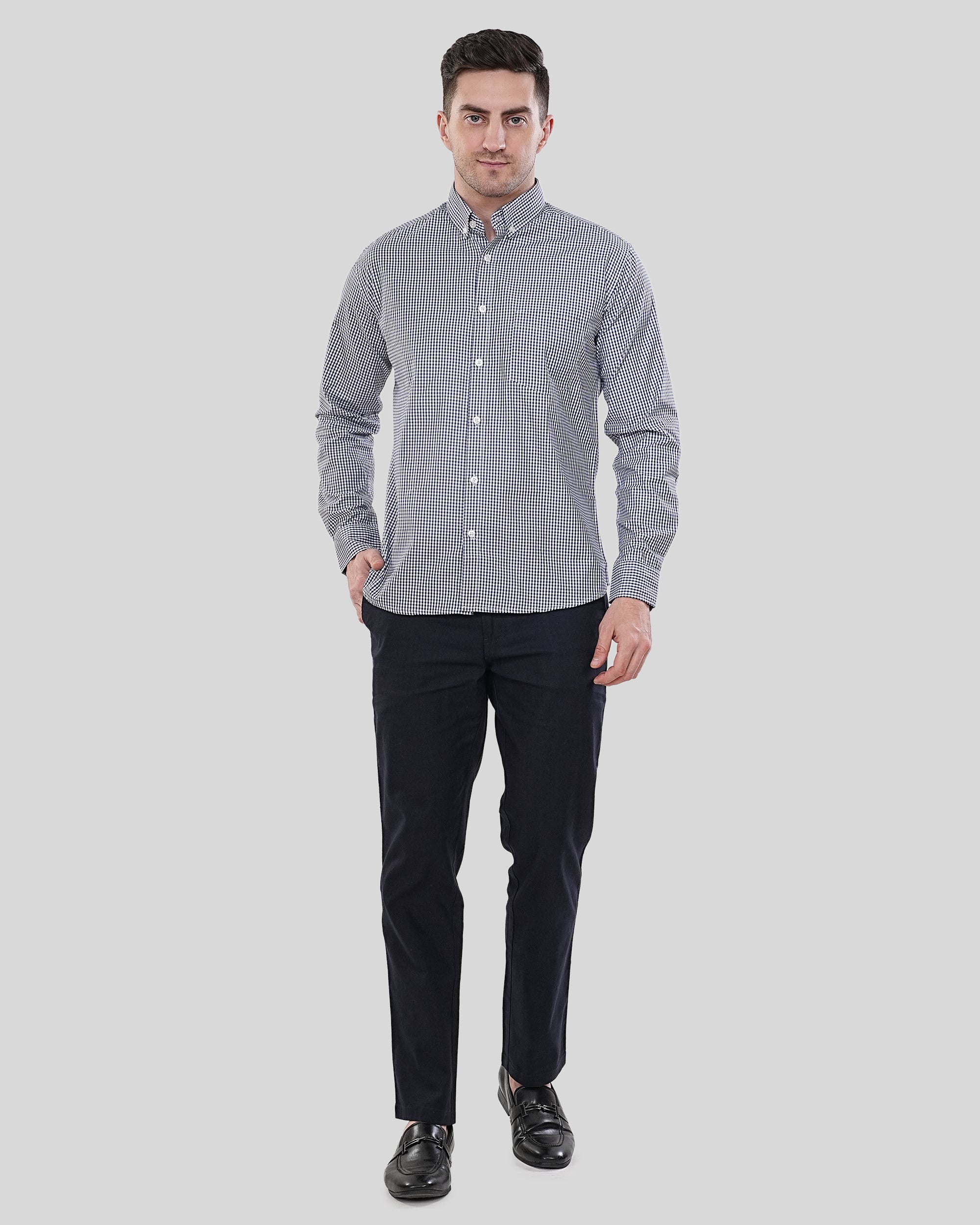Cool Bee Maverick Navy Micro-Gingham Shirt for Men - White Premium Cotton Shirt India - Lifestyle View
