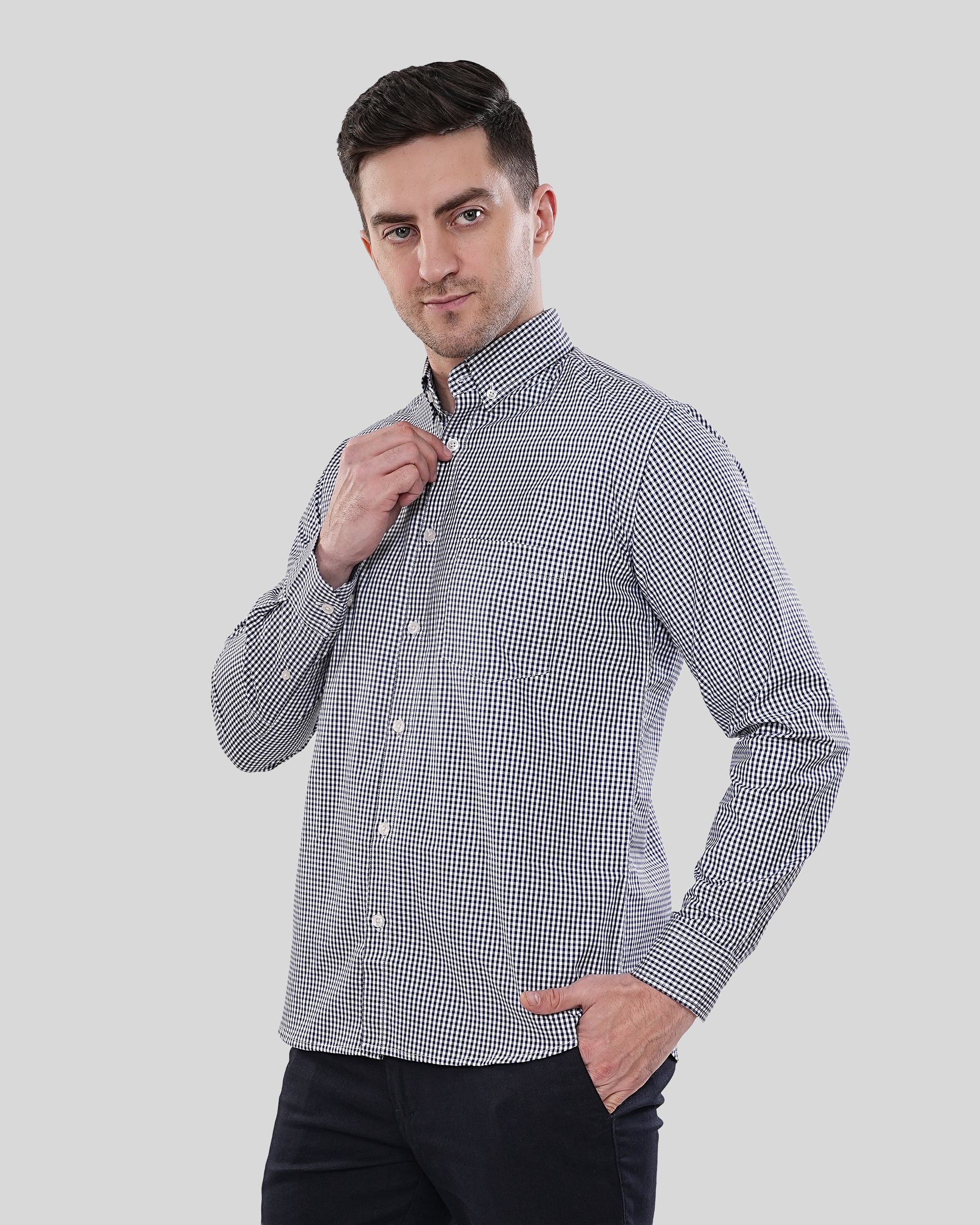 Cool Bee Maverick Navy Micro-Gingham Shirt for Men - White Premium Cotton Shirt India - Lifestyle View