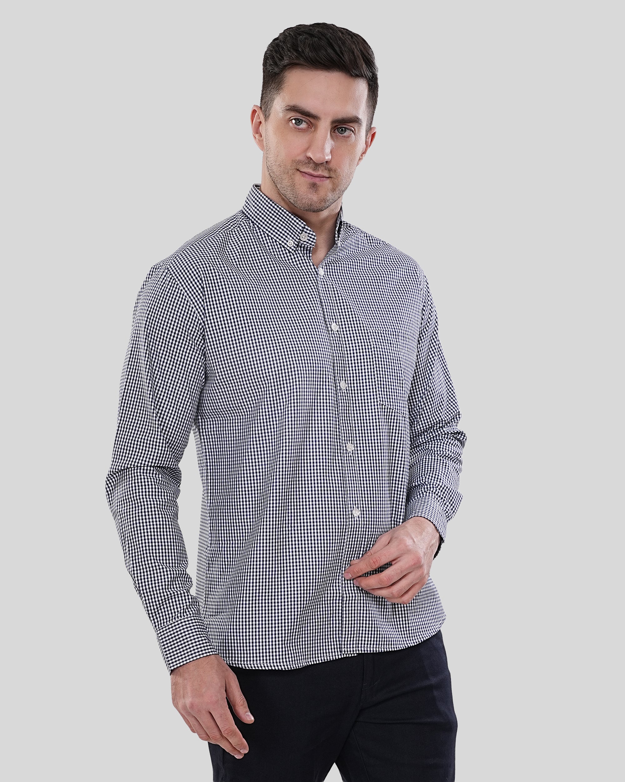 Cool Bee Maverick Navy Micro-Gingham Shirt for Men - White Premium Cotton Shirt India - Lifestyle View