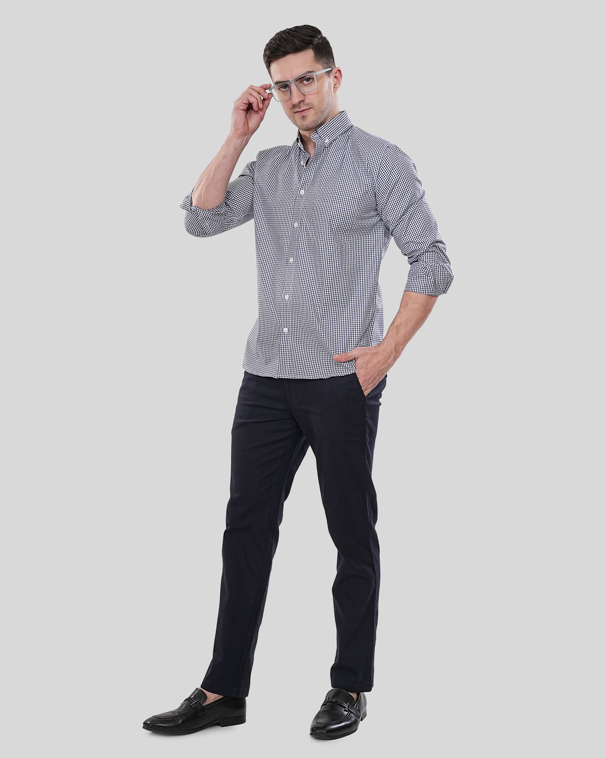 Cool Bee Maverick Navy Micro-Gingham Shirt for Men - White Premium Cotton Shirt India - Lifestyle View