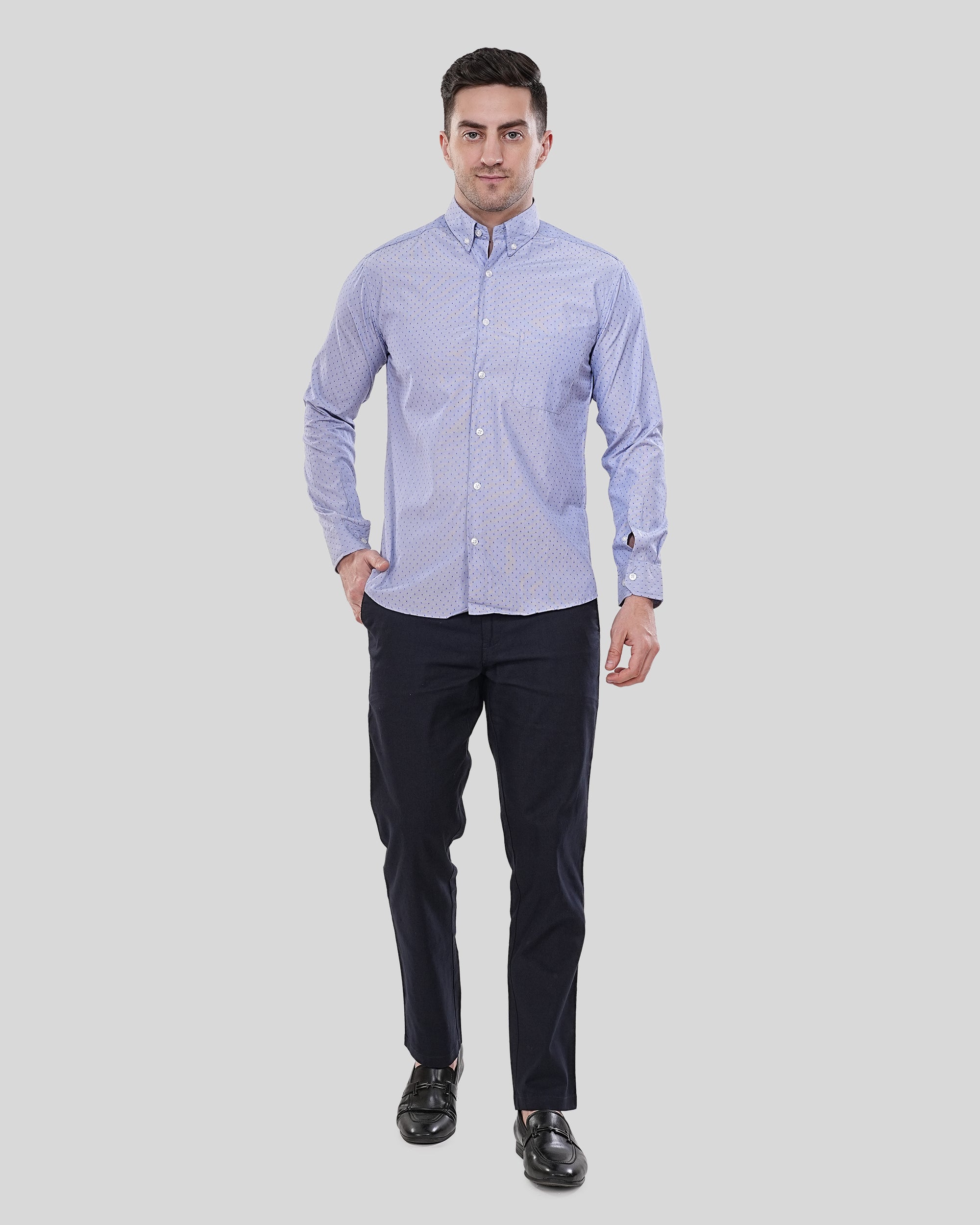 Cool Bee Skyward Dobby Periwinkle Geometric Shirt for Men - White Premium Cotton Shirt India - Lifestyle View