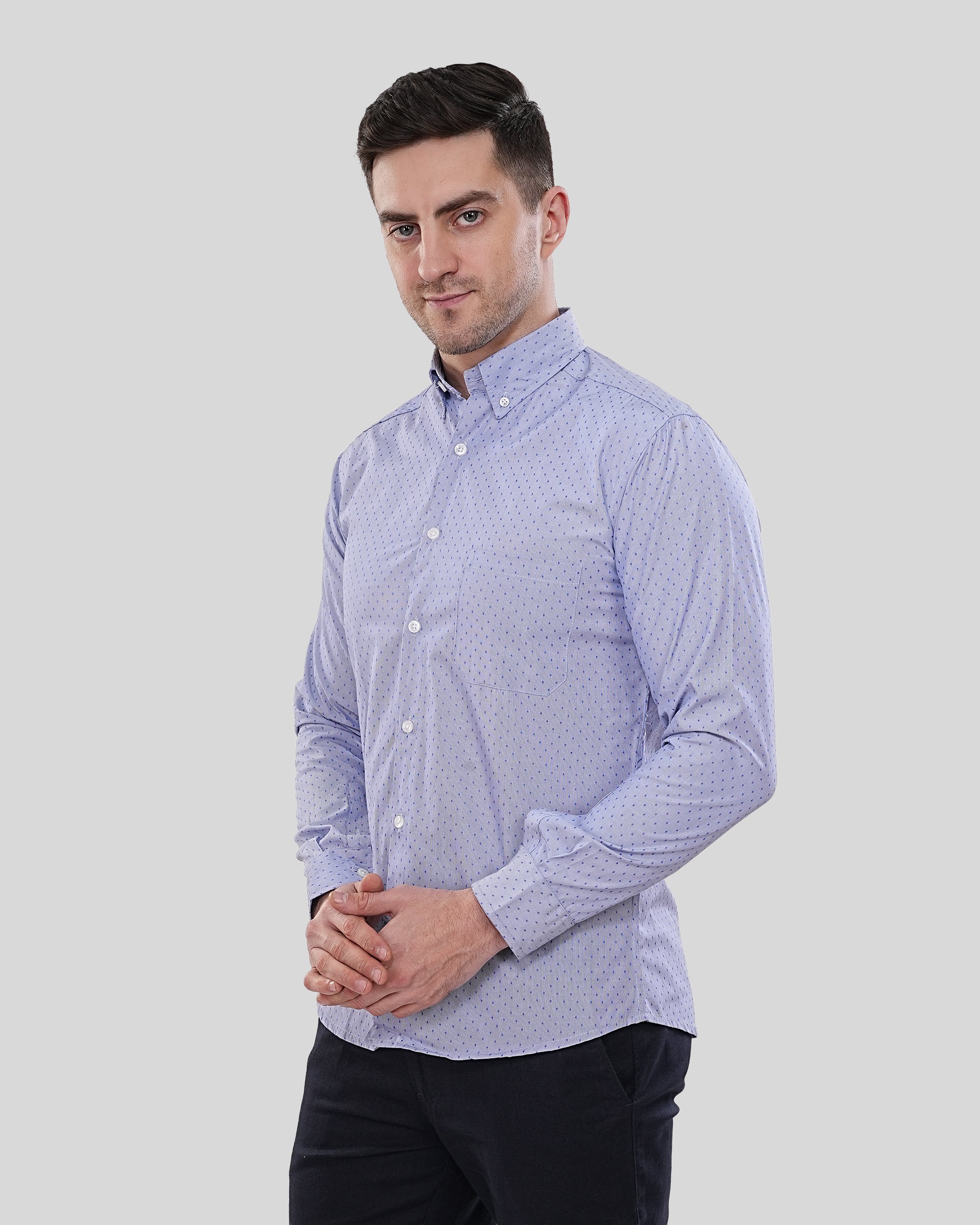 Cool Bee Skyward Dobby Periwinkle Geometric Shirt for Men - White Premium Cotton Shirt India - Detail View