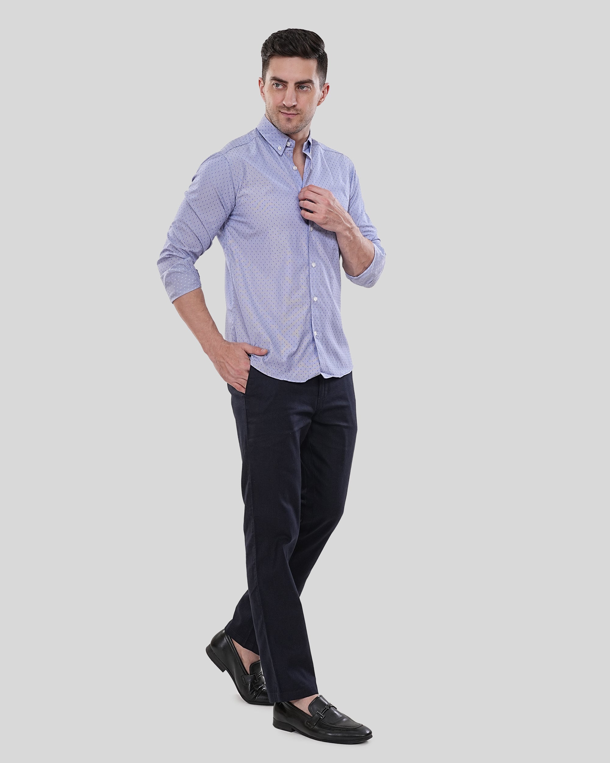 Cool Bee Skyward Dobby Periwinkle Geometric Shirt for Men - White Premium Cotton Shirt India - Lifestyle View