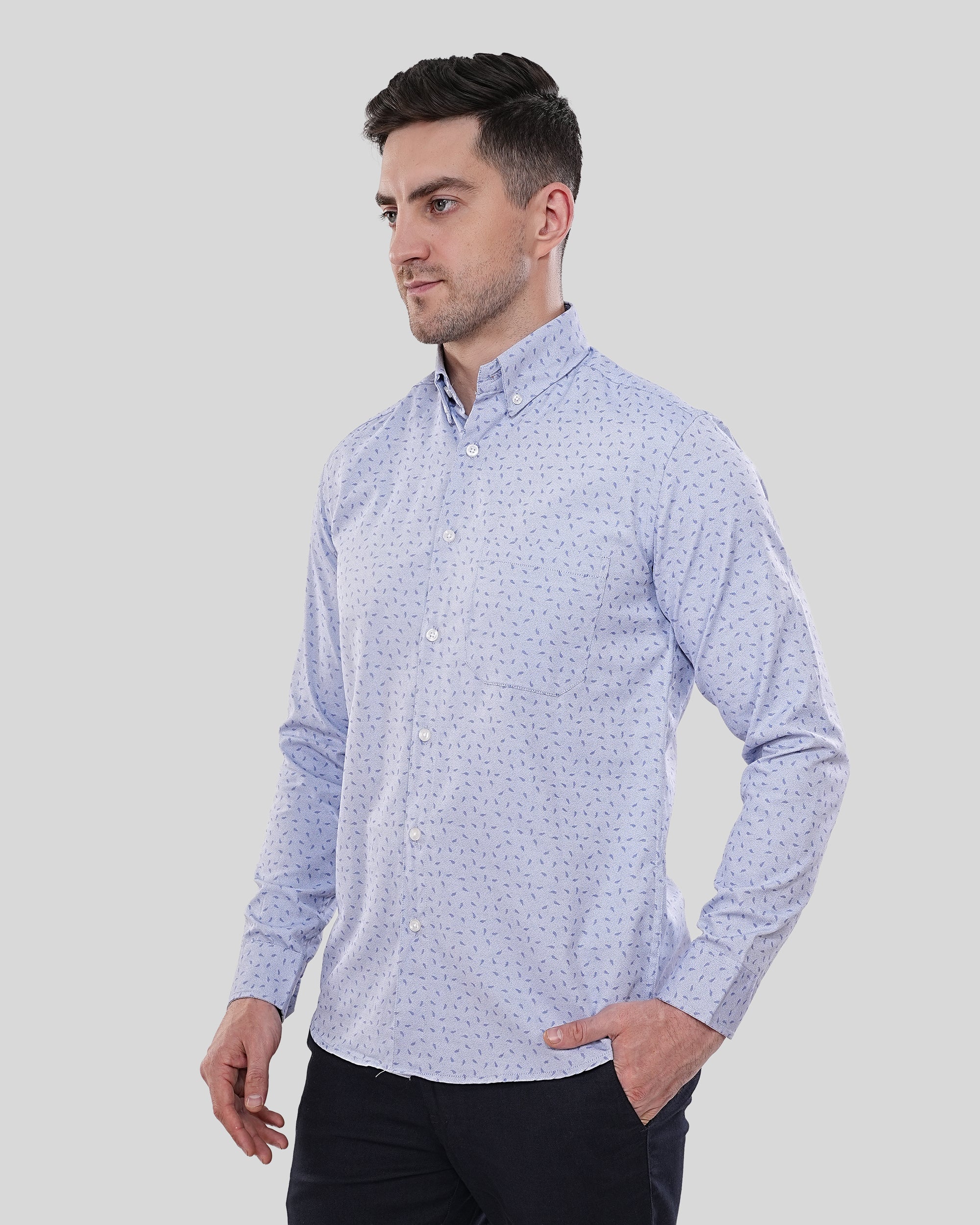 Cool Bee Meridian Micro Print Sky Blue Shirt for Men - Sky Blue Premium Cotton Shirt India - Lifestyle View