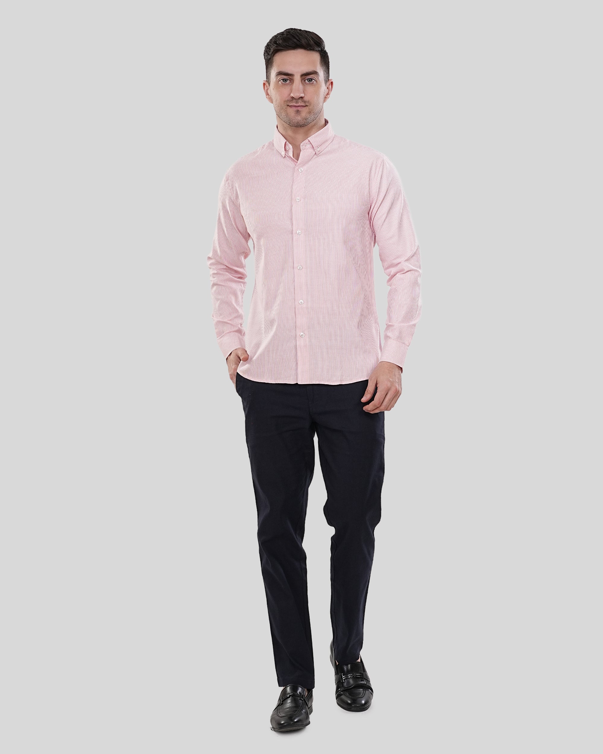 Cool Bee Modern Classic Crimson Micro Stripe Oxford Shirt for Men - White Premium Cotton Shirt India - Lifestyle View