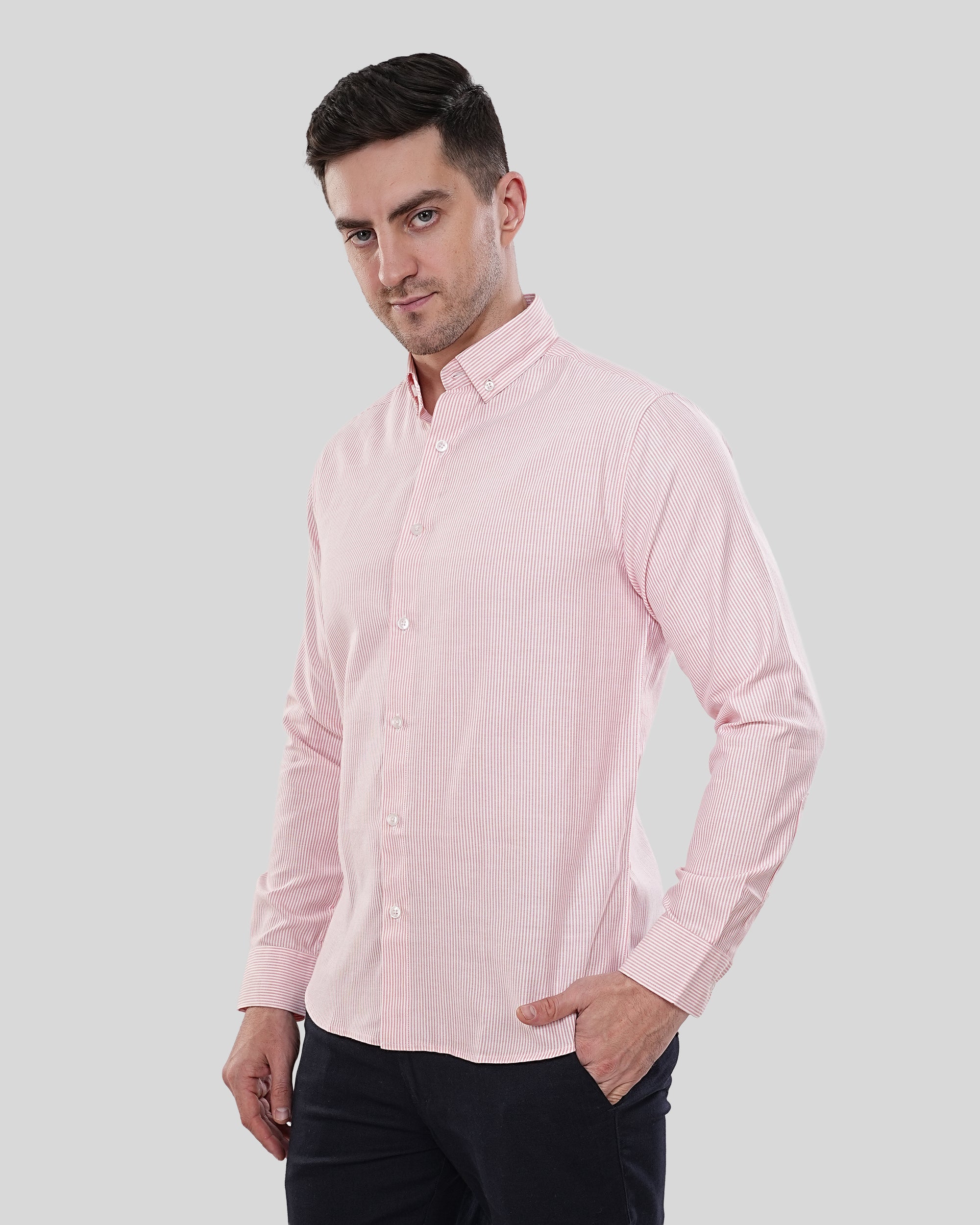 Cool Bee Modern Classic Crimson Micro Stripe Oxford Shirt for Men - White Premium Cotton Shirt India - Lifestyle View