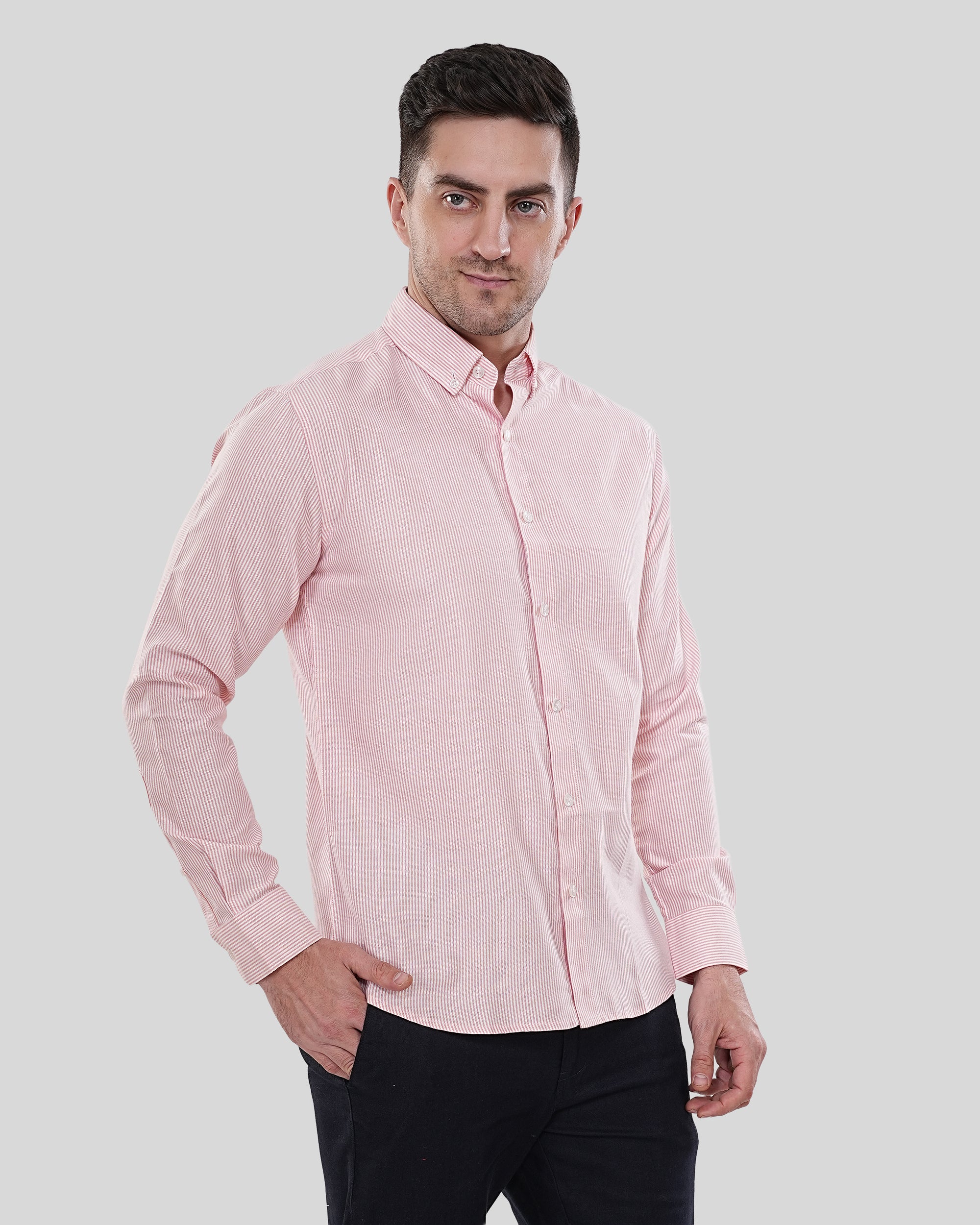 Cool Bee Modern Classic Crimson Micro Stripe Oxford Shirt for Men - White Premium Cotton Shirt India - Lifestyle View