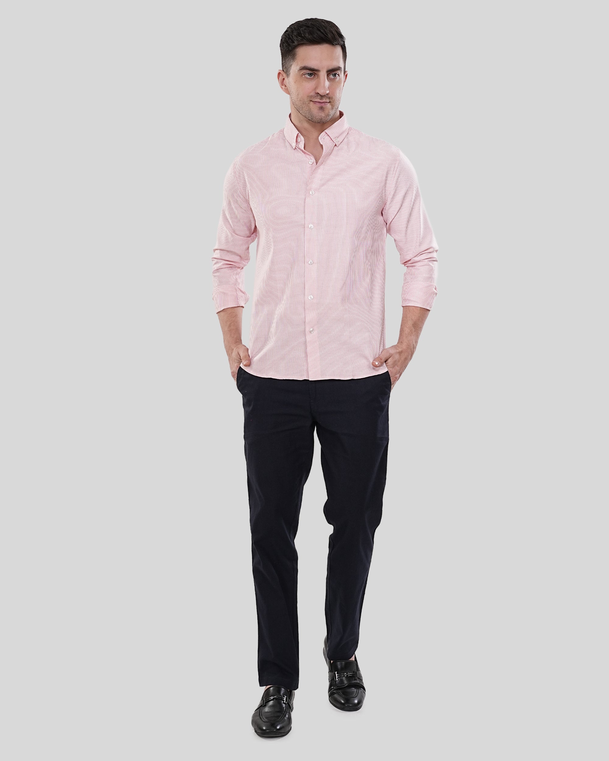 Cool Bee Modern Classic Crimson Micro Stripe Oxford Shirt for Men - White Premium Cotton Shirt India - Lifestyle View