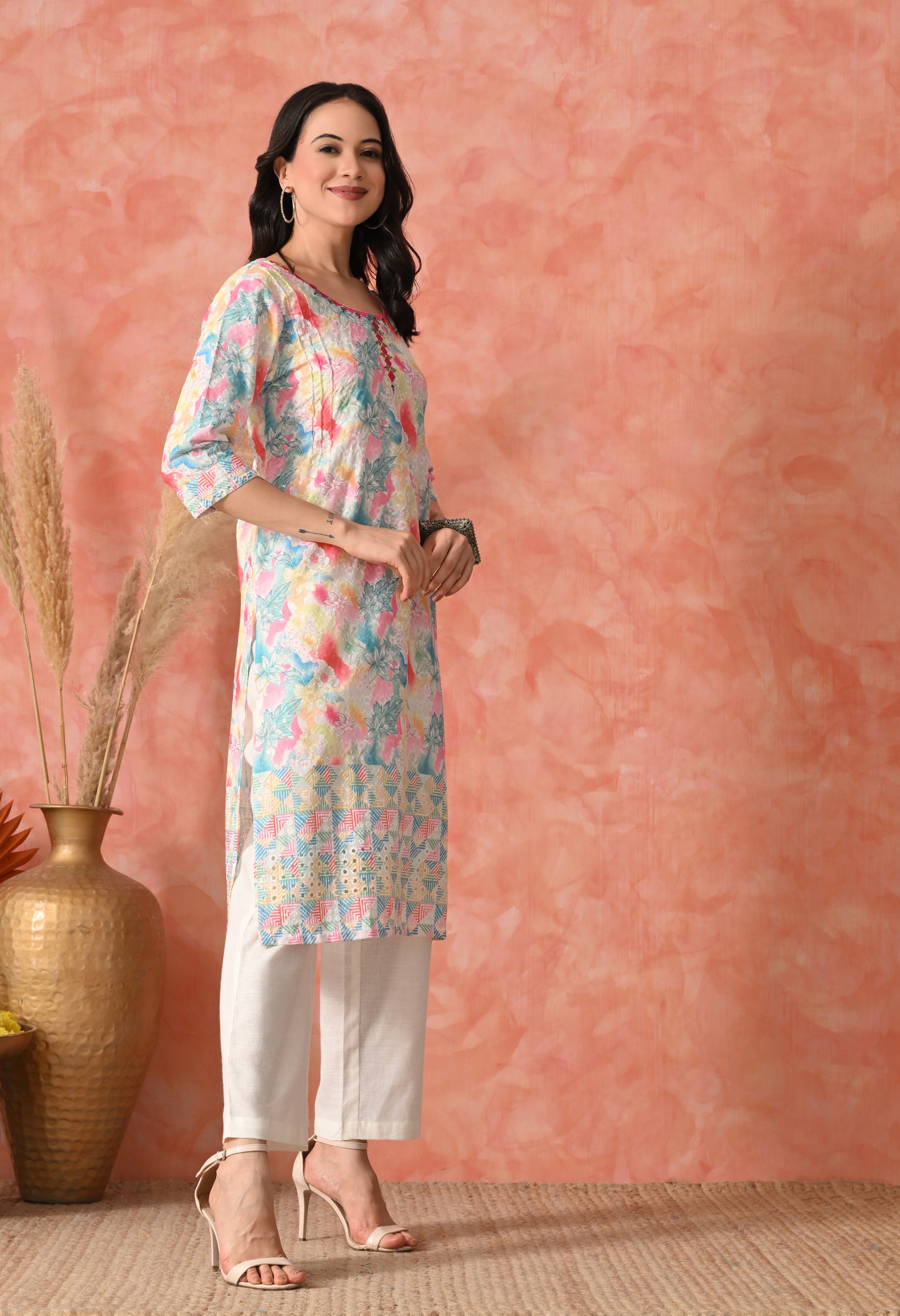 Rose Quartz Radiance: Hand-Embroidered Chikankari Kurta Set