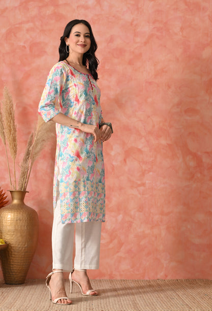 Rose Quartz Radiance: Hand-Embroidered Chikankari Kurta Set