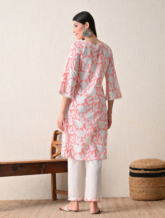 Peachy Bloom Floral Cotton Kurta with Hand-Embroidery and Bell Sleeves