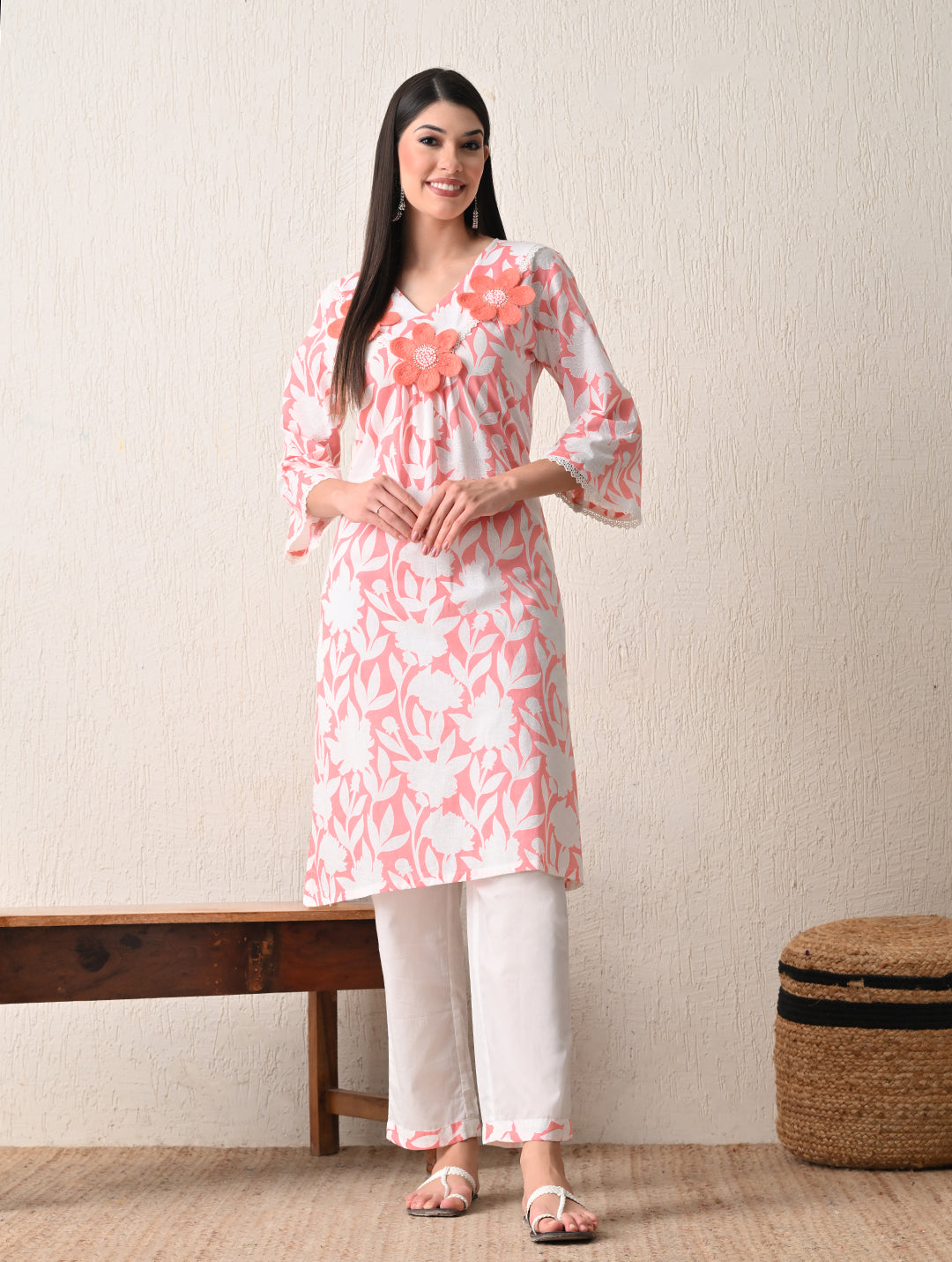 Peachy Bloom Floral Cotton Kurta with Hand-Embroidery and Bell Sleeves