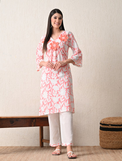 Peachy Bloom Floral Cotton Kurta with Hand-Embroidery and Bell Sleeves
