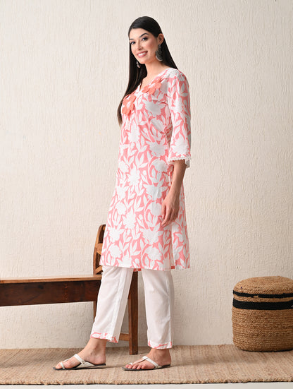 Peachy Bloom Floral Cotton Kurta with Hand-Embroidery and Bell Sleeves
