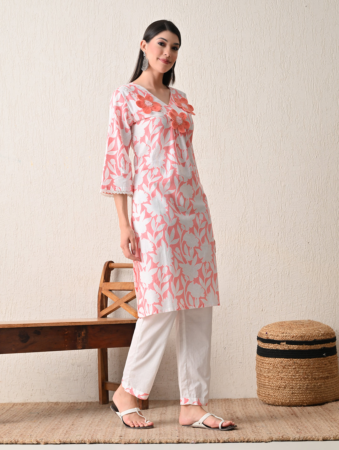 Peachy Bloom Floral Cotton Kurta with Hand-Embroidery and Bell Sleeves