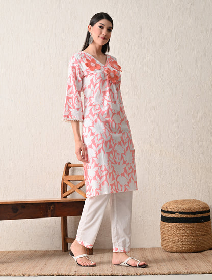 Peachy Bloom Floral Cotton Kurta with Hand-Embroidery and Bell Sleeves