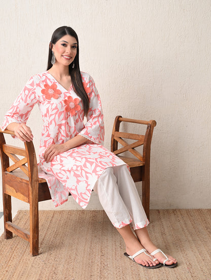 Peachy Bloom Floral Cotton Kurta with Hand-Embroidery and Bell Sleeves