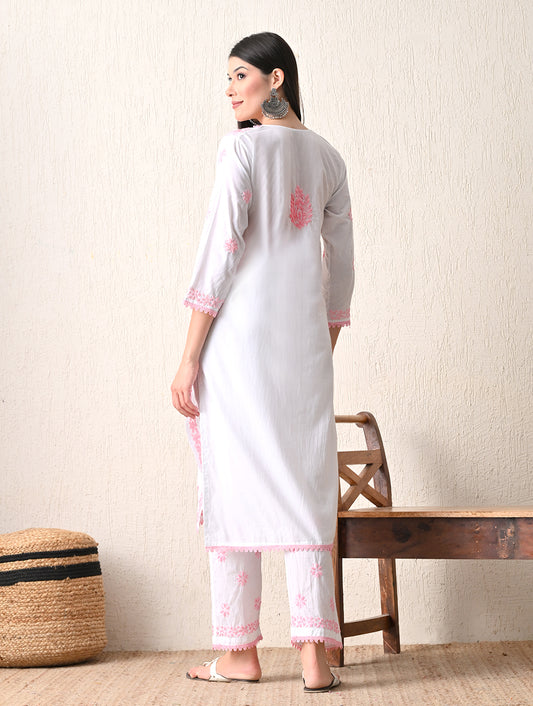 Pink Sage Striped Chikankari Kurta Set