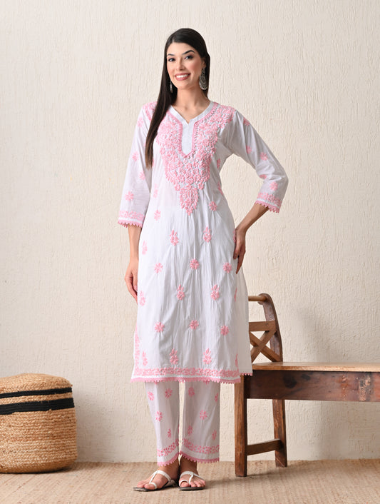 Pink Sage Striped Chikankari Kurta Set