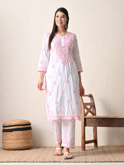 Pink Sage Striped Chikankari Kurta Set
