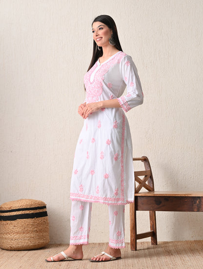 Pink Sage Striped Chikankari Kurta Set