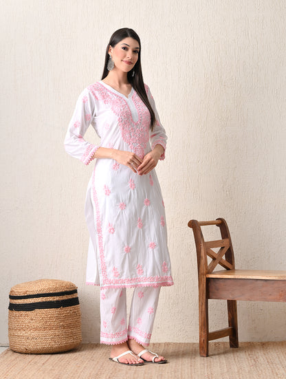 Pink Sage Striped Chikankari Kurta Set