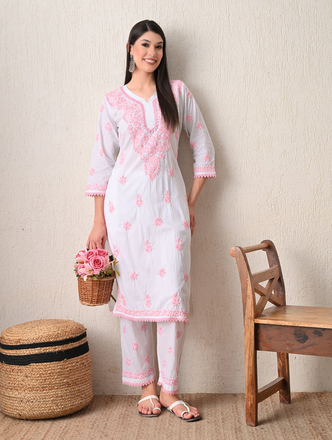 Pink Sage Striped Chikankari Kurta Set