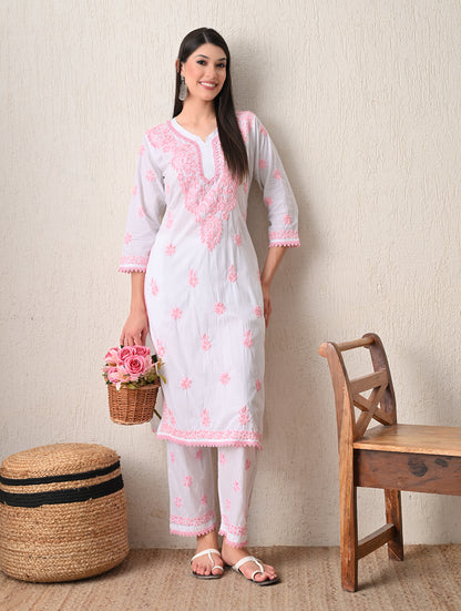 Pink Sage Striped Chikankari Kurta Set