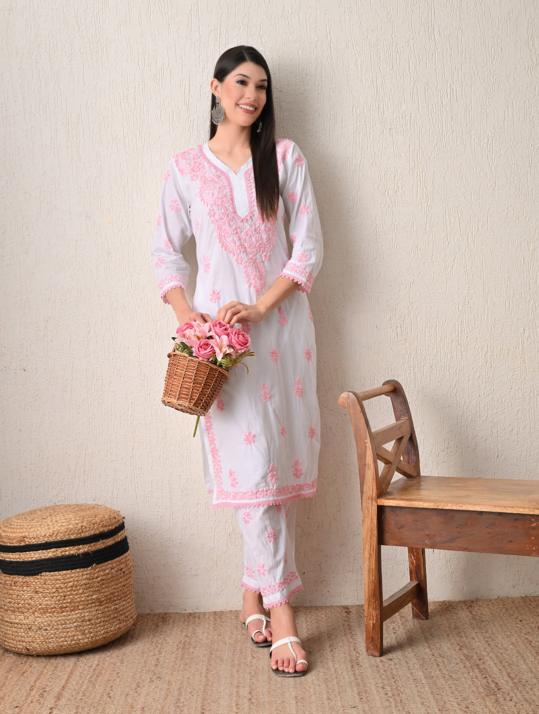 Pink Sage Striped Chikankari Kurta Set