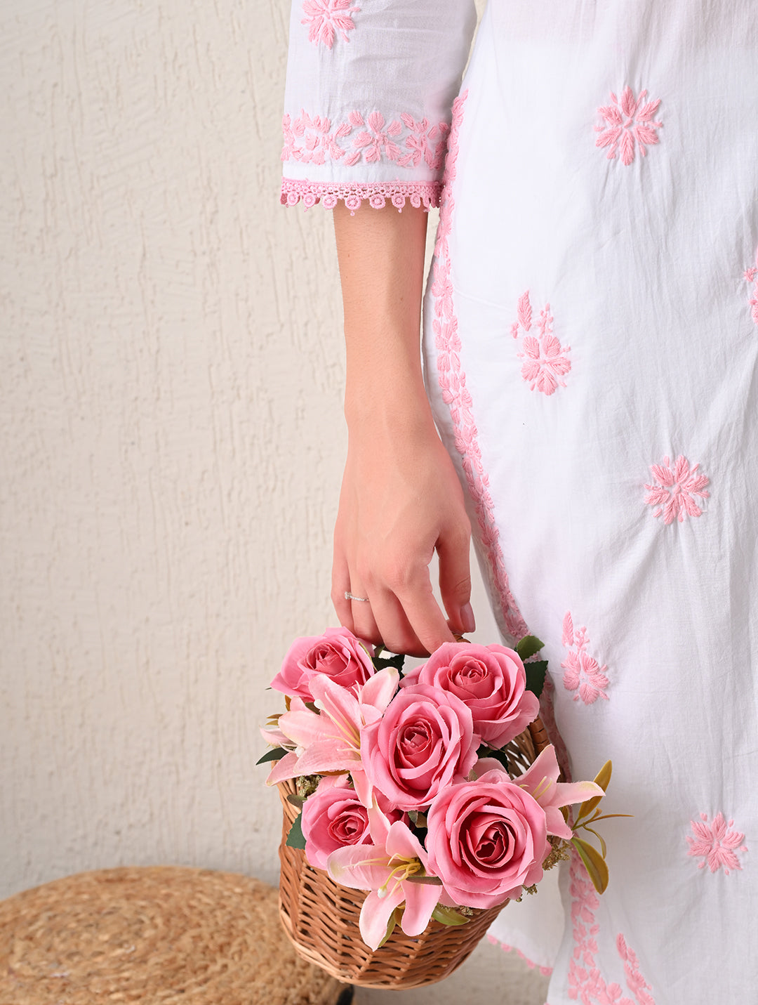 Pink Sage Striped Chikankari Kurta Set