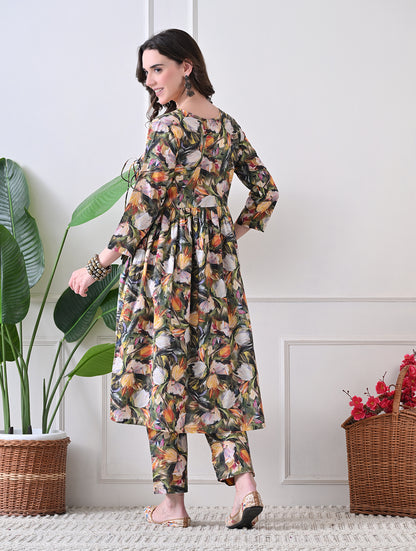 Autumn Flora Angrakha Tunic & Trouser Set