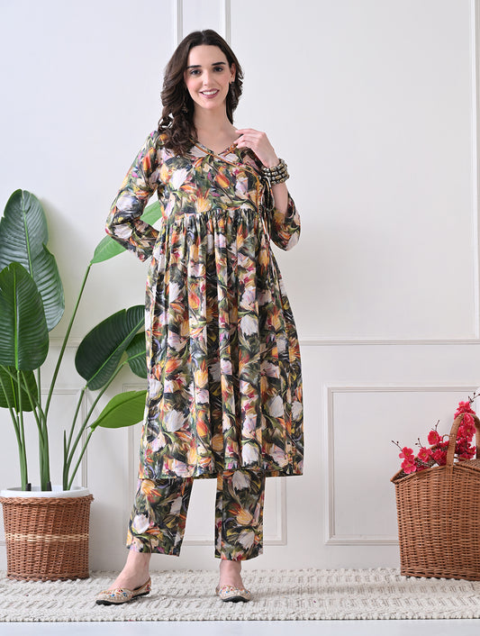Autumn Flora Angrakha Tunic & Trouser Set