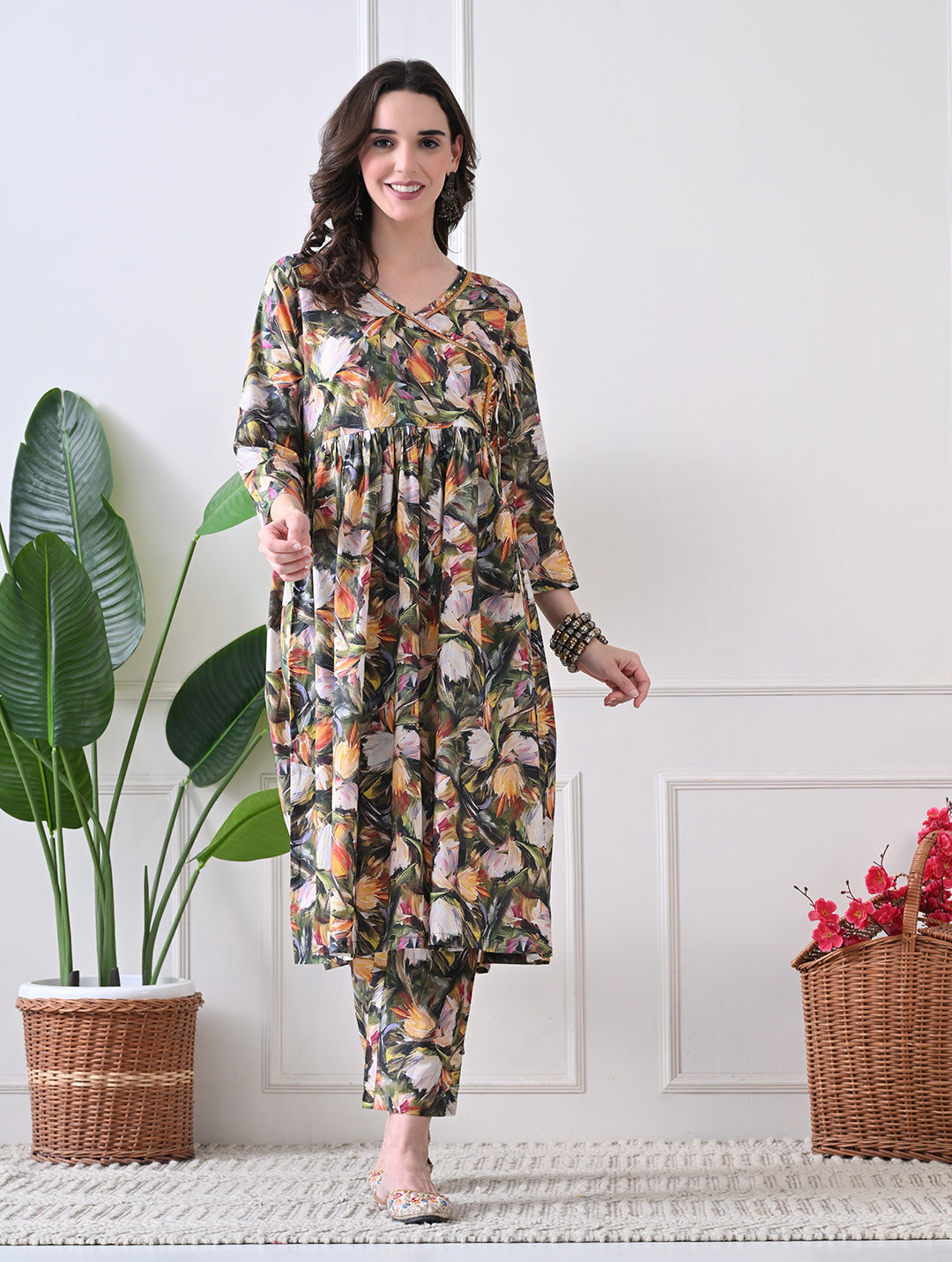 Autumn Flora Angrakha Tunic & Trouser Set
