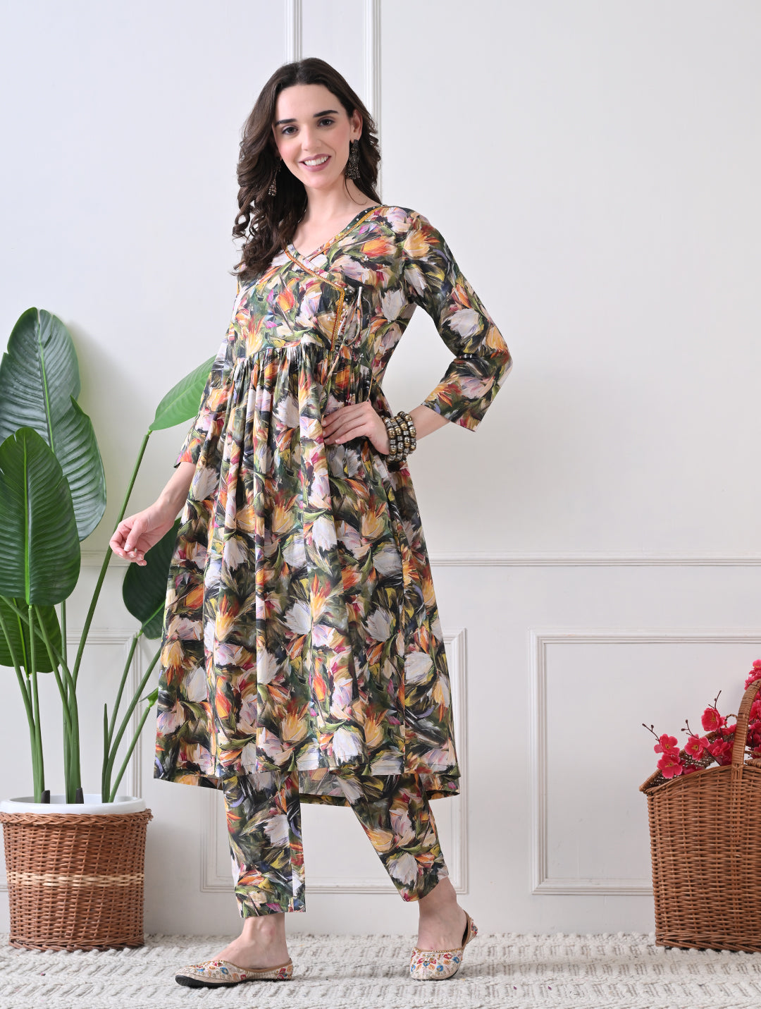 Autumn Flora Angrakha Tunic & Trouser Set