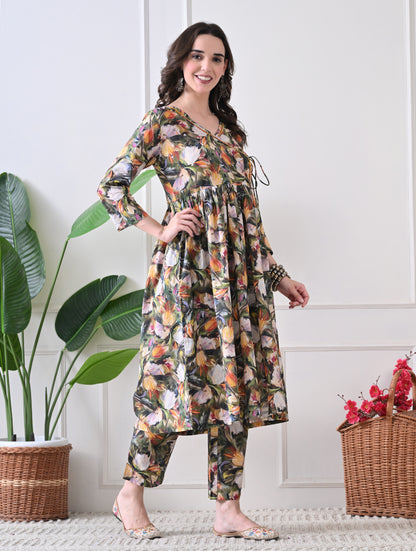 Autumn Flora Angrakha Tunic & Trouser Set
