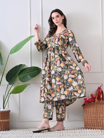 Autumn Flora Angrakha Tunic & Trouser Set